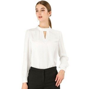 INSPIRE CHIC Women's Office Keyhole Elegant Stand Collar Long Sleeve Back Neck Button Blouse - 1 of 4