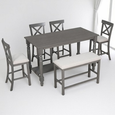 6-Piece Counter Height Dining Table Set with 4 Chairs & Bench, MDF & Melaleuca Wood, Storage Shelf, Distressed Finish for Dining Room & Kitchen