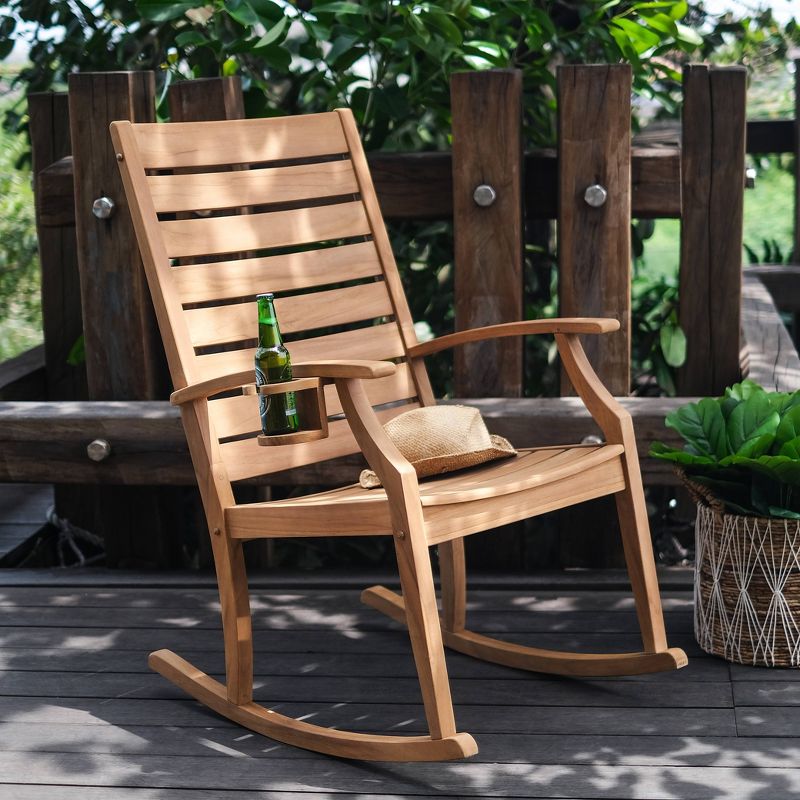 Logan Teak Patio Rocking Chair with Bottle Holder - Light Brown - Cambridge Casual, 4 of 9