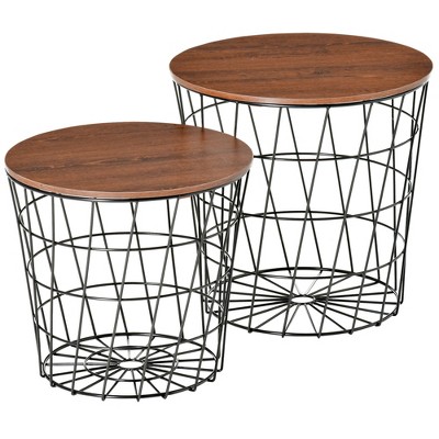 End Tables Set of 2, Nesting Tables with Storage, Round Accent Side Tables with Removable Top for Living Room, Black/ Brown