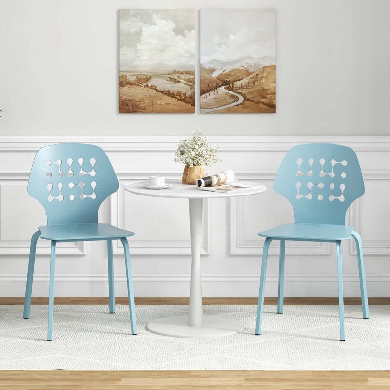 Costway Metal Dining Chair Set of 4 Armless Kitchen Hollowed Backrest & Metal Legs Blue/White, 2 of 11