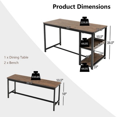 Rustic Brown and Black 3-Piece Dining Table Set with Storage