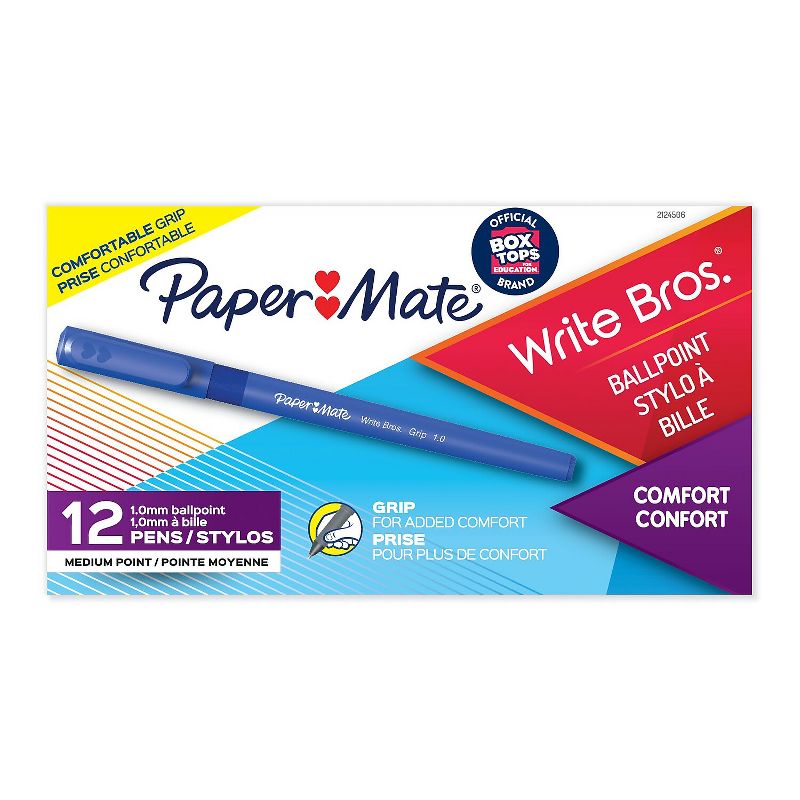 Paper Mate Write Bros Grip Ballpoint Stick Pen Blue Ink Medium Dozen 8808087, 1 of 7