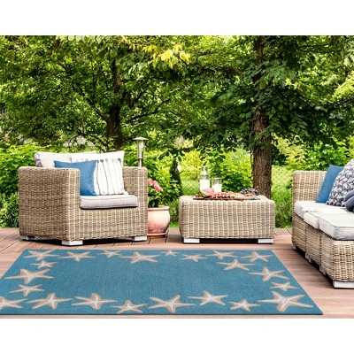Aqua Starfish Border Hand-Tufted Indoor/Outdoor Rug 42"x66"