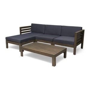 GDFStudio Cavendish Outdoor Acacia Wood 3 Seater Sofa Chat Set with Ottoman - 1 of 4
