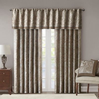 Extended Blue Faux Silk Jacquard Drapes with Trim