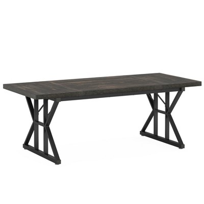 Lirago,Farmhouse Dining Table - Vintage Black Top, Black Trestle Base, Rustic Dining for 6 People