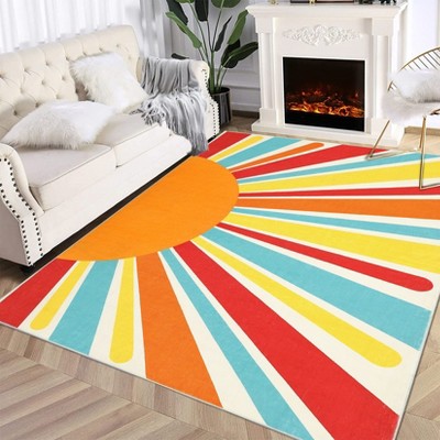 Cute Machine Washable Rugs Sunburst Area Rug Modern Non-Slip Rugs for Bedrooms Colorful Soft Carpet for Kids