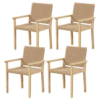 Tangkula 4PCS Chair Rubber Wood Dining Armchairs Paper Rope Woven Seat Balcony Patio