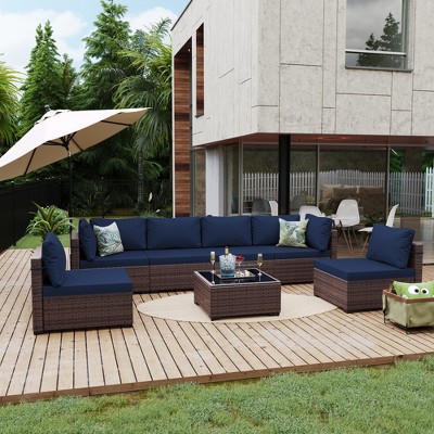 UPHA 7-Piece Brown Rattan Patio Sofa Conversation Set with Cushions