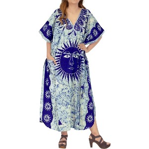 HAPPY BAY Women's Summer Pocket Nightgown Batik Caftan for Womens Sleepwear Long House Loungewear Dashiki Dress Plus Size 1X-2X Blue, Sun - 1 of 4