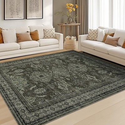 Vintage Oriental Area Rug Washable, Low Pile Neutral Soft Carpet Non Slip, Distressed Office Carpet Farmhouse Floor Cover for Living Room Bedroom