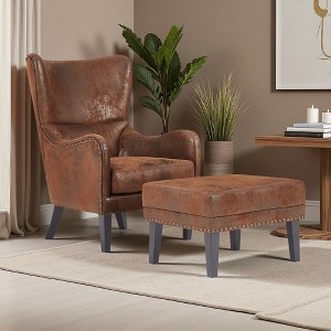 Polyester Hi-Back Lounge Chair with Matching Ottoman and Nailhead Trim - 1 of 4