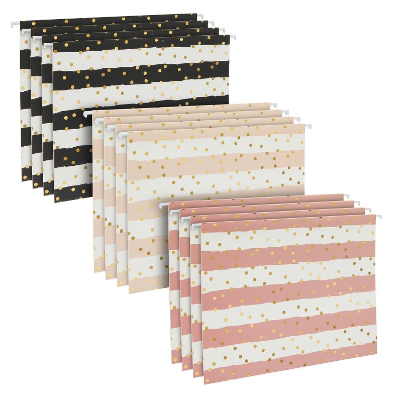 Paper Junkie 12 Pack Striped Decorative Hanging File Folders with 1/5 Tab, Gold Foil Dots, 3 Colors, 11.75 x 9 In, 1 of 9