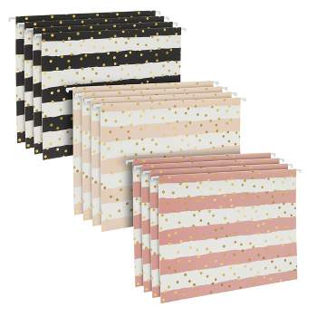 Paper Junkie 12 Pack Striped Decorative Hanging File Folders with 1/5 Tab, Gold Foil Dots, 3 Colors, 11.75 x 9 In