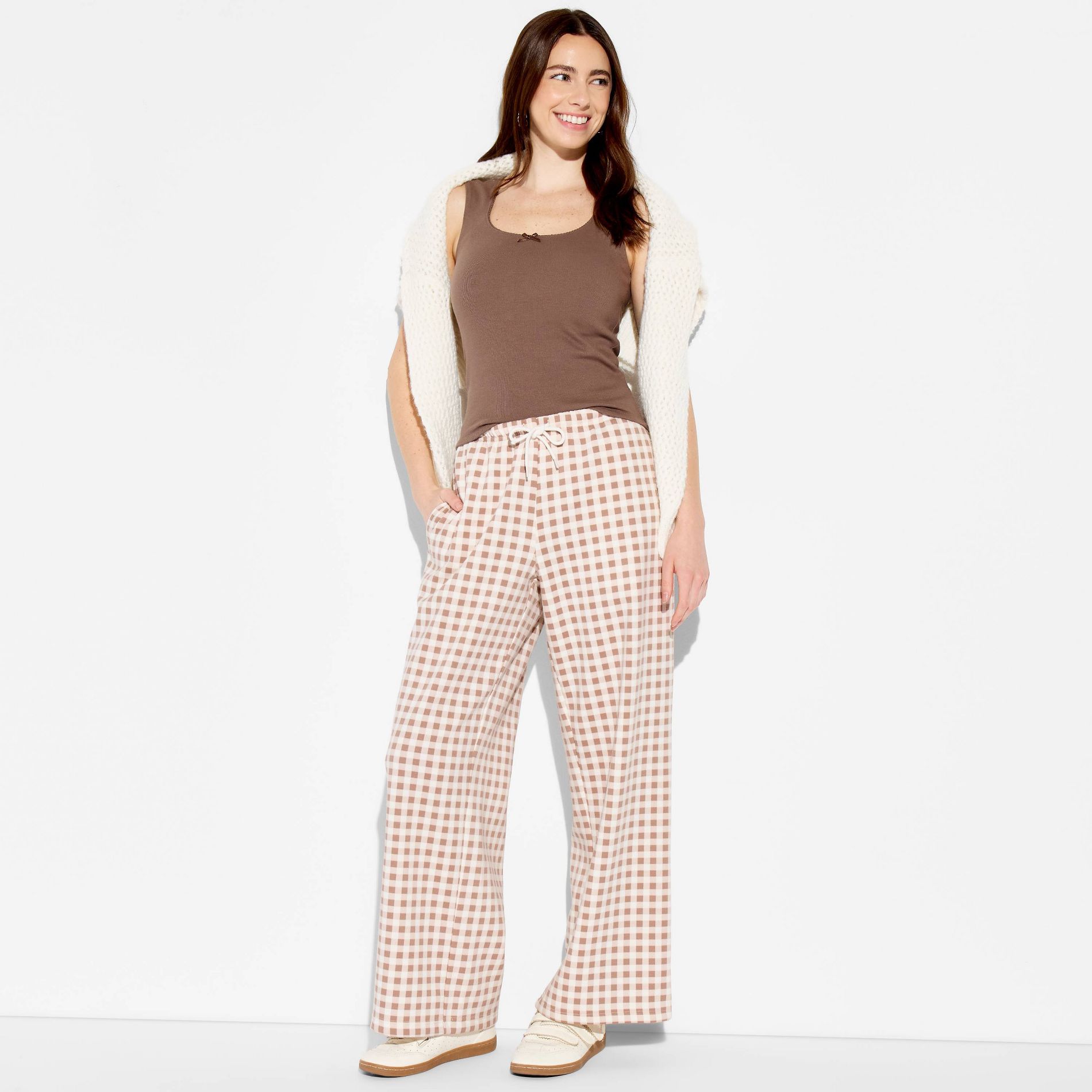 Women's Wide Leg Graphic Pants - Brown Gingham