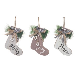 Transpac MDF Rustic Stocking Ornament Set of 3 Christmas Home Decorations - 1 of 3