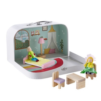HearthSong 11 Inch Rainbow Cottage Travel Dollhouse Set with 2 Dolls and 5 Piece Furniture Set