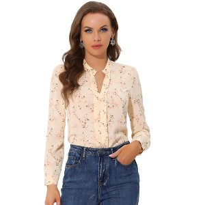 Allegra K Women's Floral Print Split V Neck Office Long Sleeve Blouse - 1 of 4