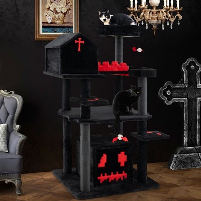 Gothic Black and Red Plush Cat Tree Tower with Coffin Bed