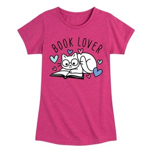 Girls' - Instant Message - Book Lover Cat Fitted Short Sleeve Graphic T-Shirt - 1 of 4