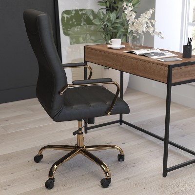 Elegant High-Back Black Faux Leather Office Chair with Gold Accents