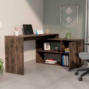 PAGED L-Shaped Writing Desk, Two Shelves and Single Door Cabinet, with 2 Open Shelves and Storage Cabinet for Office, Study, Brown - 1 of 4