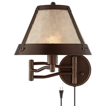 Franklin Iron Works Samuel Rustic Farmhouse Swing Arm Wall Lamp Bronze Plug-in Light Fixture Natural Mica Shade for Bedroom Bedside Living Room House