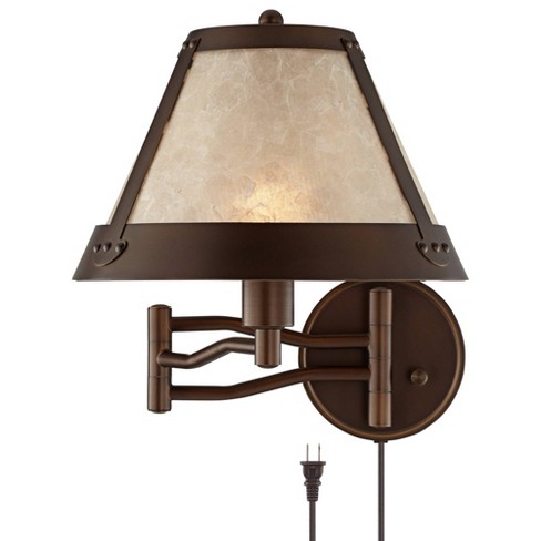 Franklin Iron Works Rustic Mission Swing Arm Wall Lamp Industrial Bronze  Plug-In Light Fixture Natural Mica Shade Bedroom Bedside