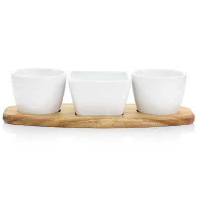 White Ceramic Tidbit Dish Set with Acacia Wood Base
