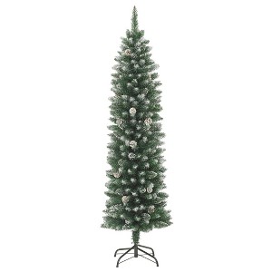 vidaXL 4ft Slim Artificial Christmas Tree with Stand - Green & White, Decorated with Cones and White Snow, Complete with Steel Stand - 1 of 4