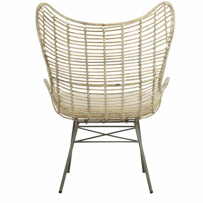 Transitional Beige Rattan Wingback Armchair with White Wash Finish