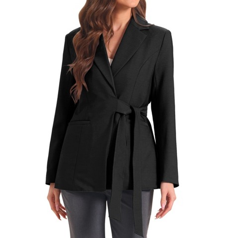 Allegra K Women's Lapel Long Sleeve Belted Blazer Large Black