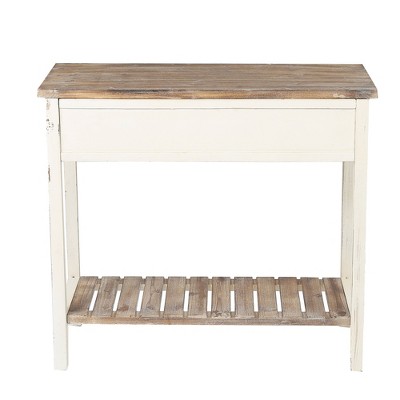 Vintage Distressed White and Natural Wood Console Table with Storage