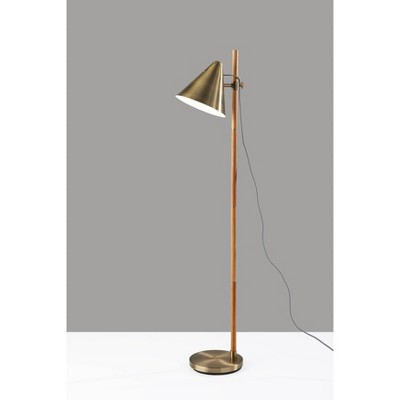 Adjustable Natural Rubberwood and Antique Brass Floor Lamp with Touch Switch