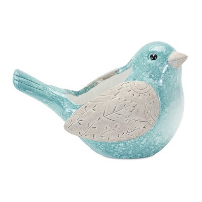 Whimsical Blue Terra Cotta Bird Planter Set with Butterfly Accents