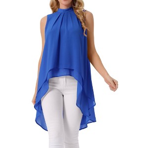 INSPIRE CHIC Women's Casual Tie Back Asymmetrical High Low Sleeveless Mock Neck Flowy Blouse - 1 of 4