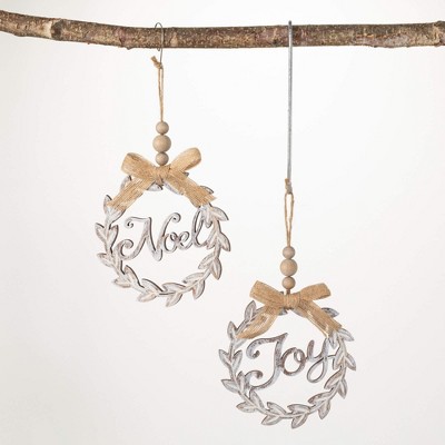 6.25"H Sullivans Wood Wreath Ornament - Set of 2  White Christmas Ornaments