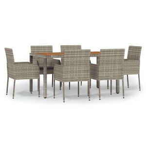 vidaXL 7 Piece Patio Dining Set with Cushions Gray Poly Rattan - 59.1" Table Length 6 Chairs - 1 of 4
