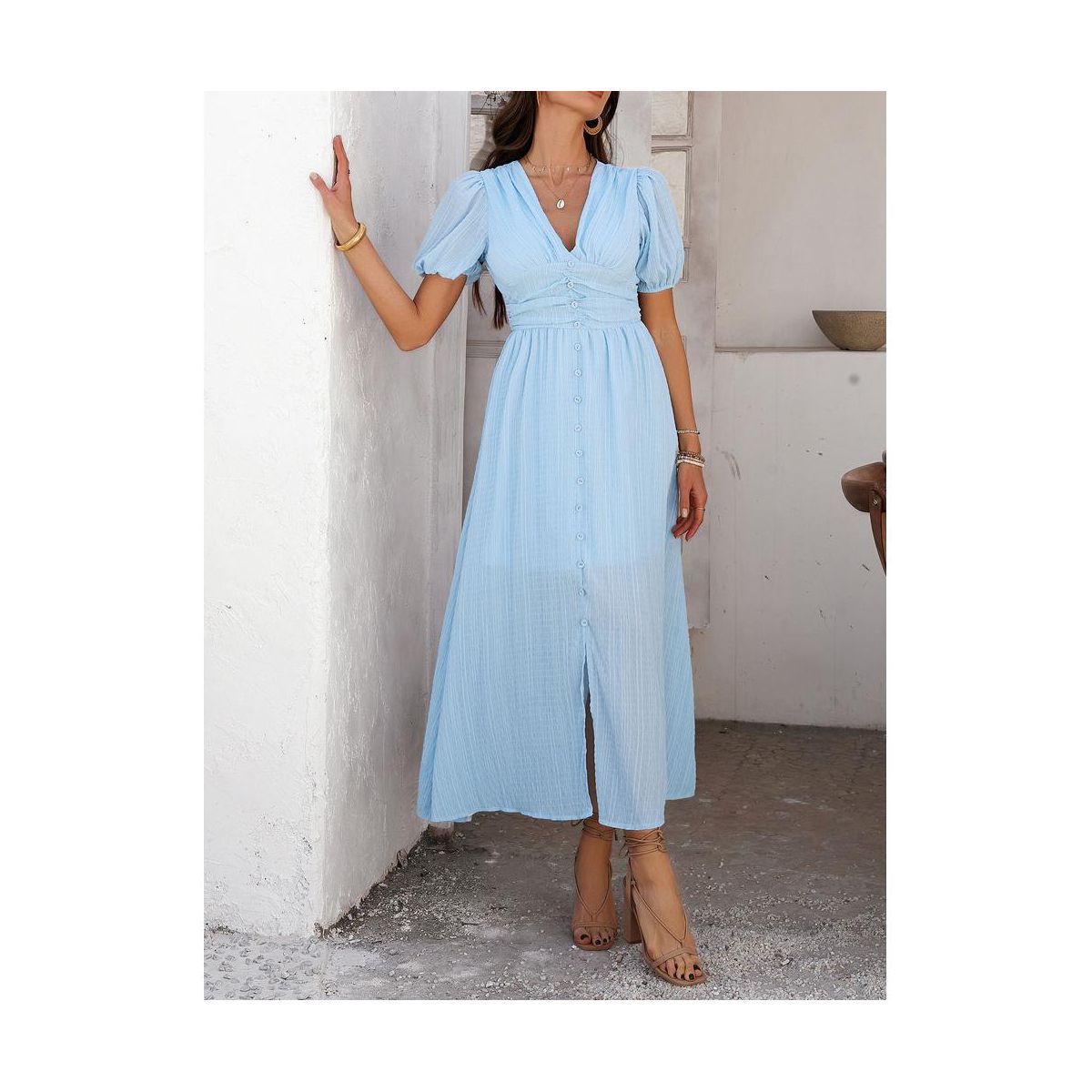 Garvee Women's V Neck Short Sleeve Midi Dress Ruched High Waist Button Front Smocked Back Lantern Sleeve Flowy A-Line Sun Dresses - thumbnail 8