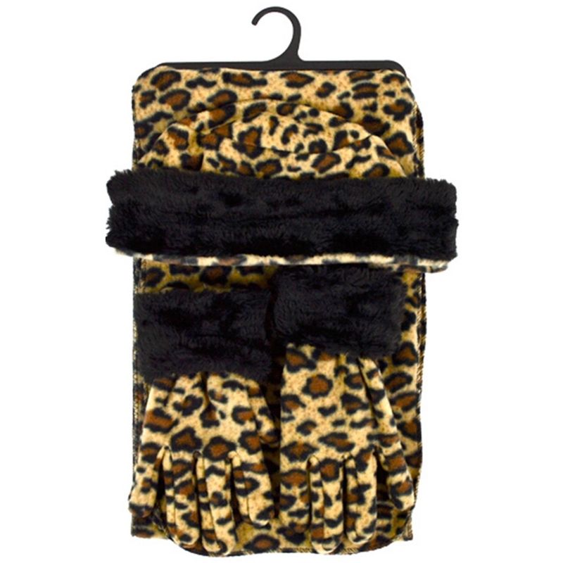 Women's Brown Jaguar 3-Piece gloves scarf Hat Fur Trim Winter Set, 1 of 5