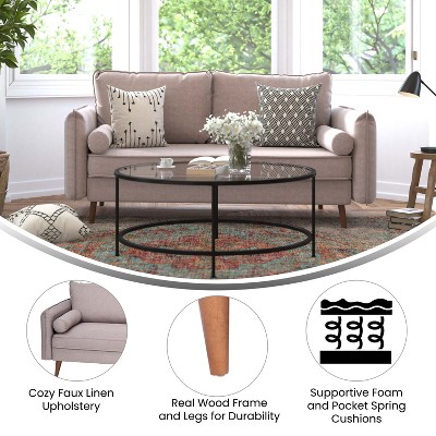 Taupe Linen Tufted Sofa with Removable Cushions and Wood Legs