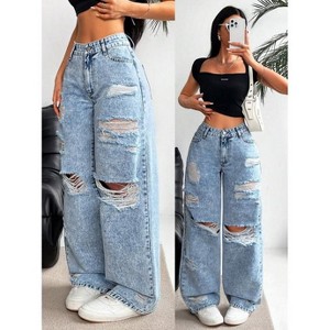 Mocamel Women's  jeans wash high waist straight leg versatile slim fit denim pants - 1 of 4