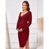 WhizMax Maternity Women's Ribbed Knit Adjustable Drawstring Halter Tie V Neck Long Sleeve Side Slit Midi Dress For Baby Shower - 2 of 4