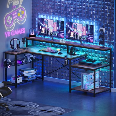 Bestier 71.5"  LED Gaming Desk with Power Outlet, L-Shaped Computer Desk with Monitor Stand