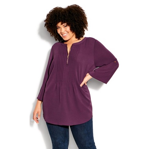 Women's Plus Size Pleat Zip Plain Blouse - Plum | Avenue : Target