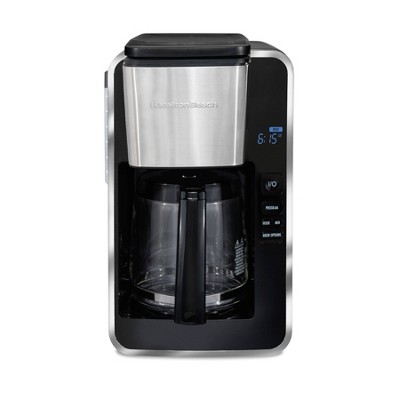 Hamilton Beach 5-Cup Black Compact Coffee Maker with Programmable Clock & Glass Carafe 46111