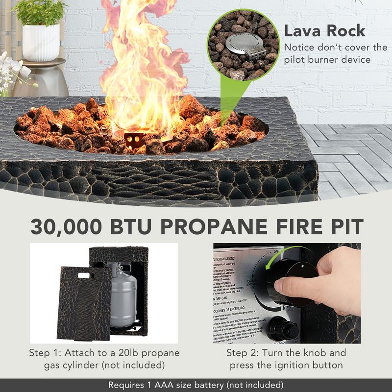 Costway 16'' Square Outdoor Propane Fire Pit w/Lava Rocks Waterproof Cover 30,000 BTU, 5 of 13