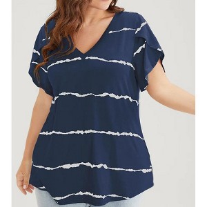Coolmee Women’s Plus Size Tops Summer Basic V Neck Striped T Shirts Ruffle Short Sleeve Casual Loose Fit Cute Tee Clothes Fashion Outfits 5XL Blue - 1 of 3