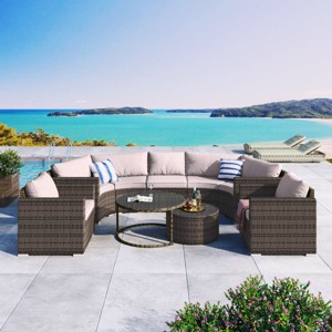 Outdoor 9-Pieces Seating Set, Patio Round Sofa Set with Glass Tabletop, Wicker Sofa with Steel Frame and Removable Cushions–Cuddlewood - 1 of 4